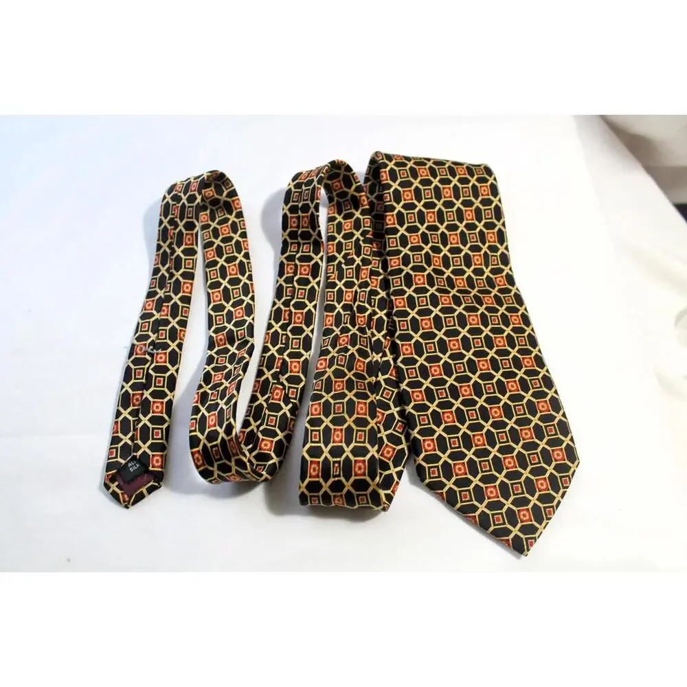 Brown & Church Silk Necktie, Black/Gold/Red Geometric, 3.75 X 58 Inches